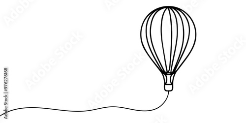 Hot air balloon in One continuous line drawing. Travel flying on aerostat in sky logo and divider concept in simple linear style. Editable stroke. Doodle vector illustration
