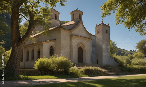 An ancient chapel in a secluded valley surrounded by verdant trees photo