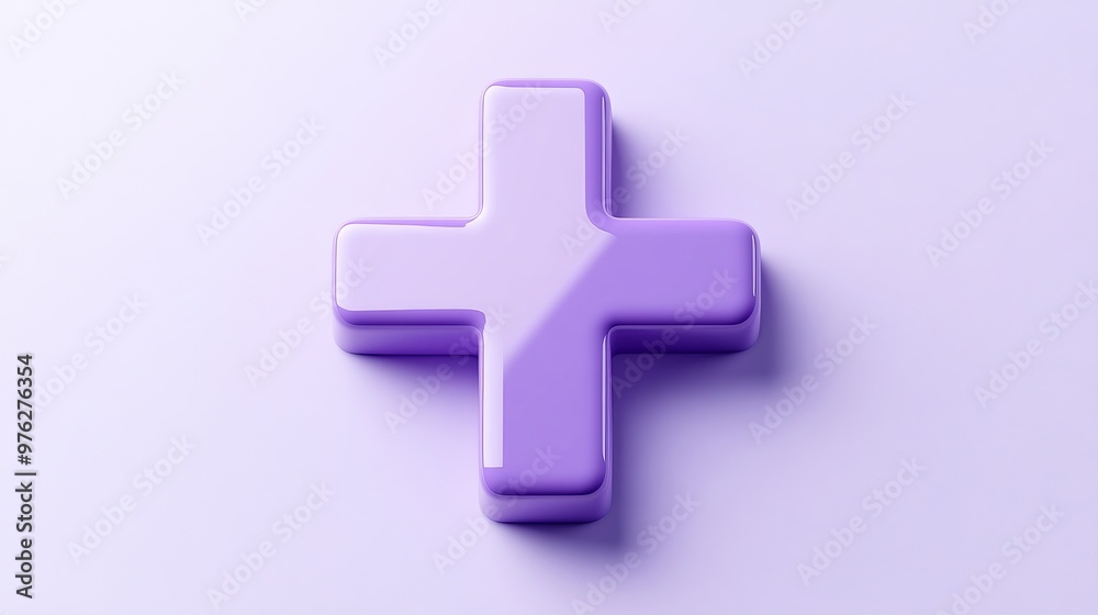 A 3D purple plus sign icon on a white background, symbolizing first aid, healthcare, or emergency assistance in a minimalist style