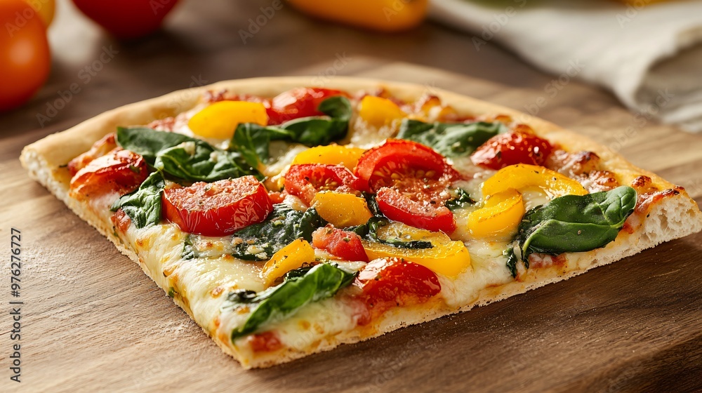 Close-up of a slice of pizza with fresh tomatoes, bell peppers, spinach, and mozzarella cheese on a wooden board. Close-up of a slice of pizza with fresh tomatoes, bell peppers, spinach, and mozzarella cheese on a wooden board.
