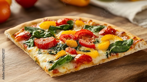 Close-up of a slice of pizza with fresh tomatoes, bell peppers, spinach, and mozzarella cheese on a wooden board.