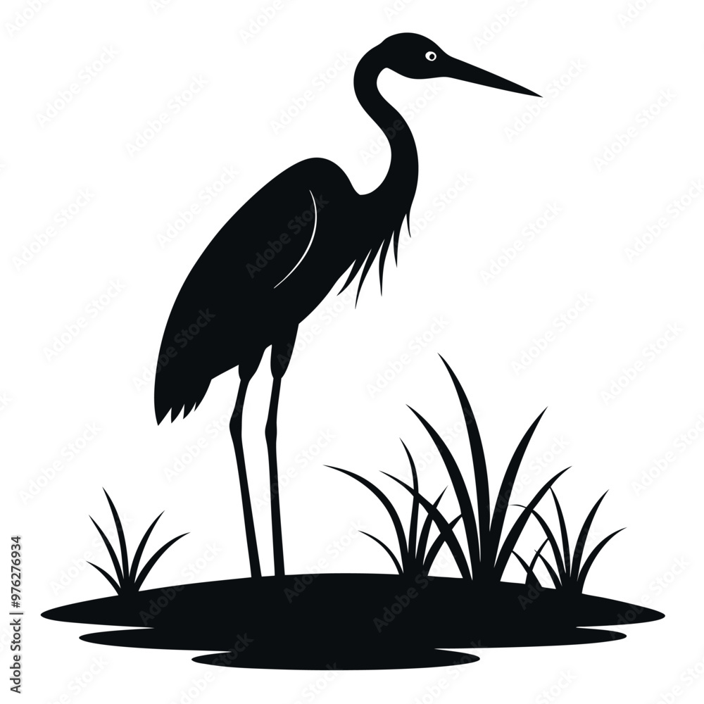 Fototapeta premium a heron standing on the edge of a body of water. The heron is facing towards the right side of the image, with its long neck and legs extended