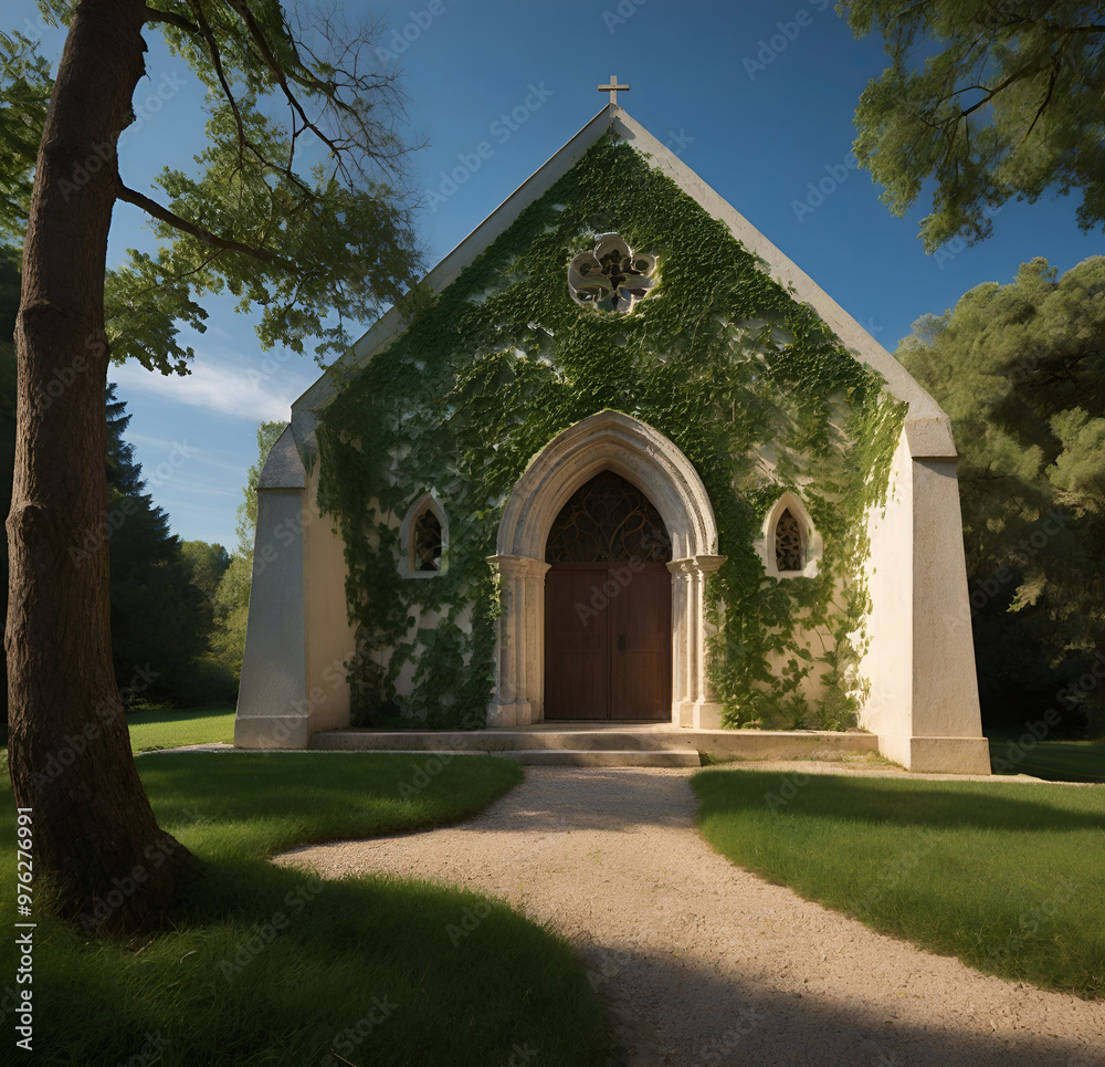 An ancient chapel in a secluded valley surrounded by verdant trees