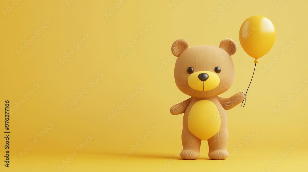 A cute cartoon teddy bear holding a yellow balloon against a yellow background. A cute cartoon teddy bear holding a yellow balloon against a yellow background.