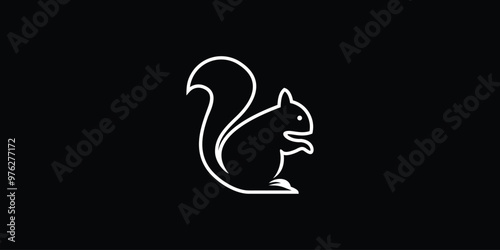 illustration of a squirrel logo, with white line art on a black background.vector