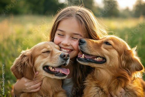 A young girl joyfully playing and embracing two golden-colored dogs in a sunny park, celebrating the loving bond between pets and their owners. photo