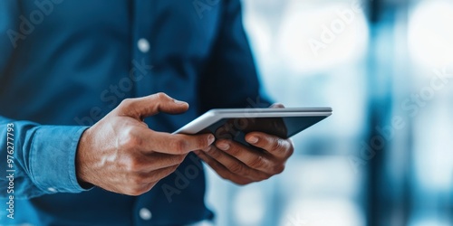 A person in a blue shirt is using a digital tablet in a modern office setting, reflecting the integration of technology into everyday professional tasks and environments.