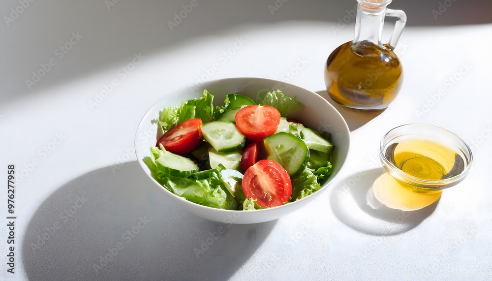 A bowl of fresh green salad with tomatoes, cucumbers, and olive oil on a white background. A bowl of fresh green salad with tomatoes, cucumbers, and olive oil on a white background.
