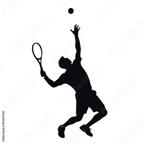 a tennis player in action. The player is in mid-air, with his body stretched out to hit the ball with his racket. silhouette