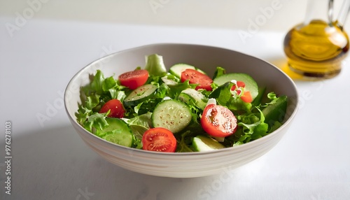 A bowl of fresh green salad with tomatoes, cucumbers, and olive oil on a white background.