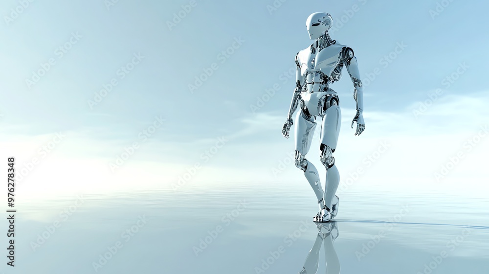 A futuristic robot walks across a reflective surface against a light blue sky. A futuristic robot walks across a reflective surface against a light blue sky.