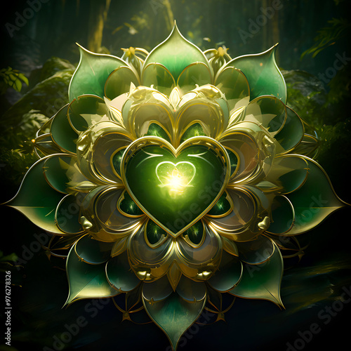 Heart chakra illustration, design. Anahata chakra, mystical green and gold petals, enchanted ambience. Peaceful decor for meditation, chakra energy healing, reiki or yoga studios, massage therapists.
