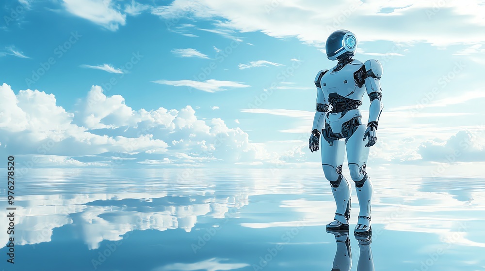 Futuristic robot walking on a reflective surface against a blue sky. Futuristic robot walking on a reflective surface against a blue sky.
