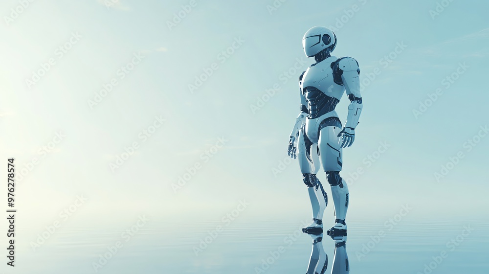 A white humanoid robot stands on a reflective surface with a light blue sky in the background. A white humanoid robot stands on a reflective surface with a light blue sky in the background.
