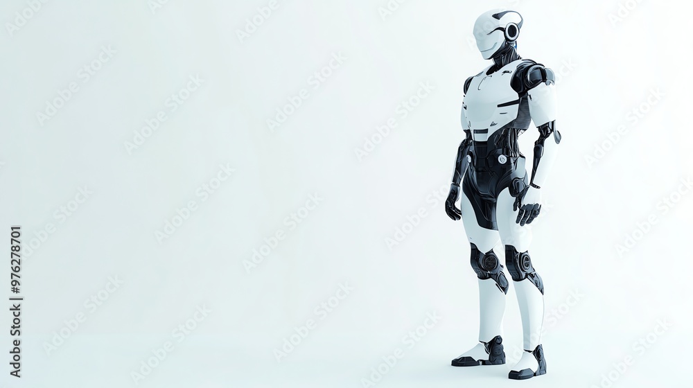 Futuristic humanoid robot standing on a white background. Futuristic humanoid robot standing on a white background.