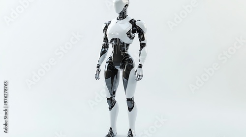 A humanoid robot with a black and white exoskeleton stands in front of a white background.