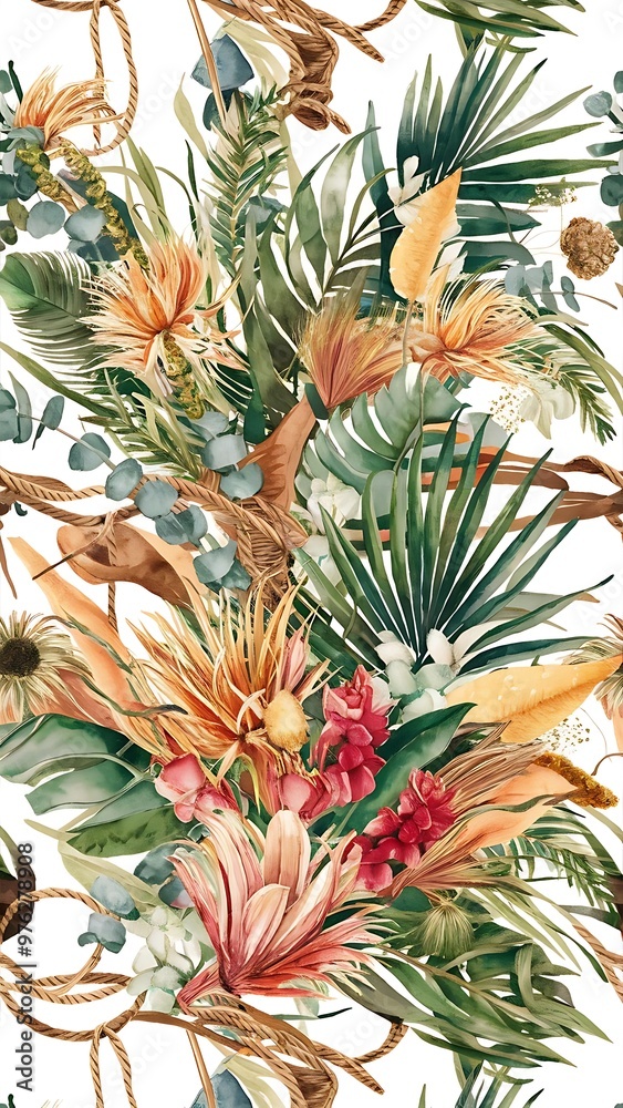Obraz premium Watercolor boho dried tropical floral bouquets seamless pattern. Hand drawn floral set perfect for wedding invitation, fabric, textile, digital scrapbooking, greeting cards.