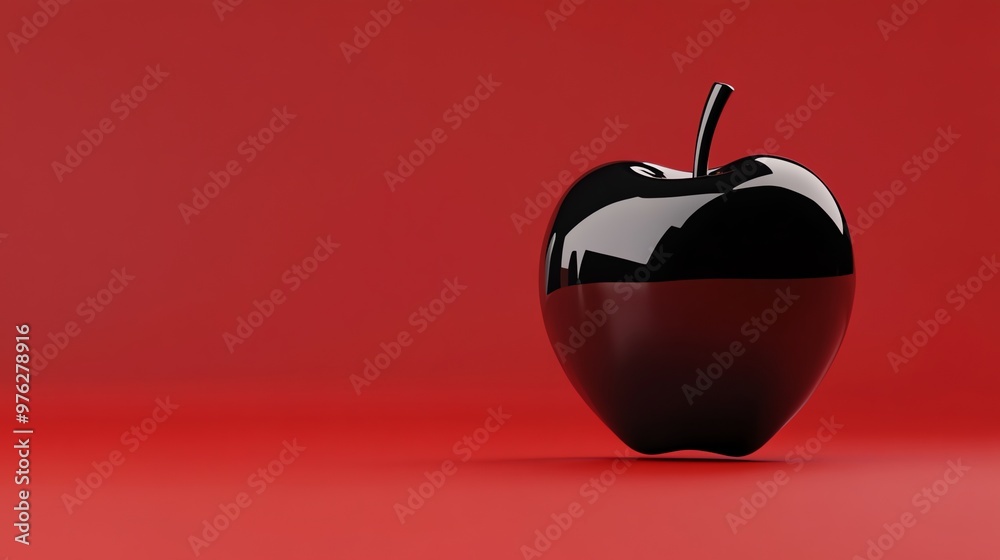 Obraz premium A black glossy apple on a red background.
