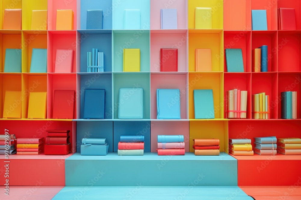Brightly colored bookshelves with books on each shelf in a room Brightly colored bookshelves with books on each shelf in a room