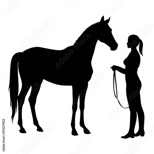 a woman standing next to a horse. The woman is holding the horse's reins and appears to be leading it