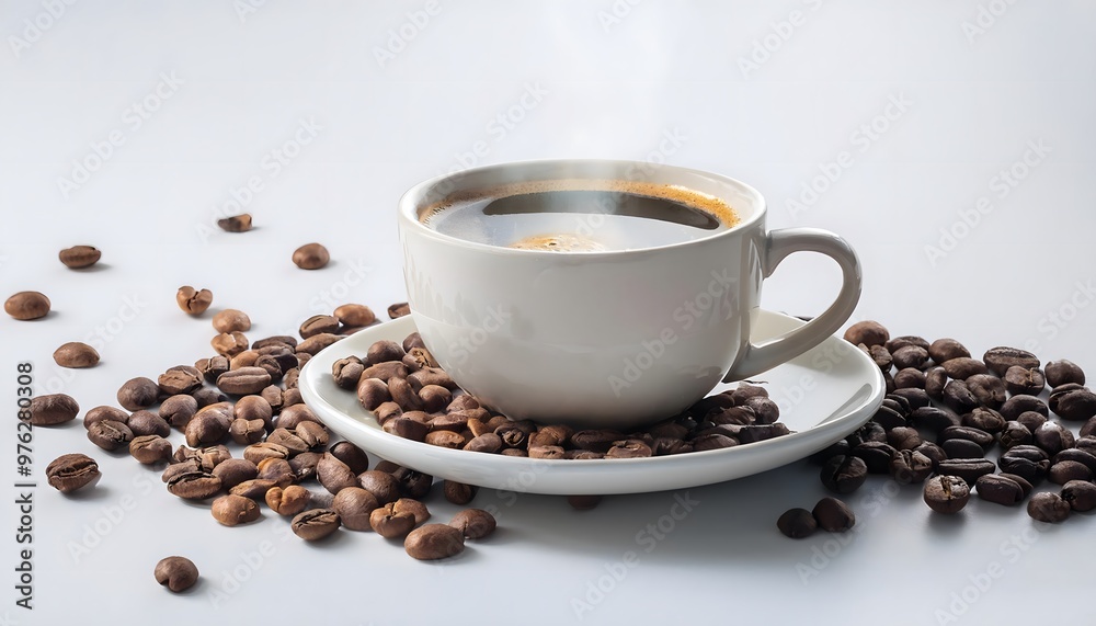 A cup of steaming hot coffee surrounded by coffee beans on a white background A cup of steaming hot coffee surrounded by coffee beans on a white background
