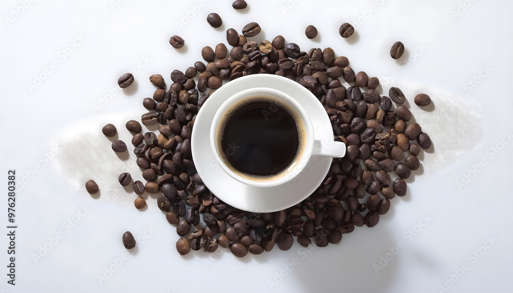 A cup of steaming hot coffee surrounded by coffee beans on a white background A cup of steaming hot coffee surrounded by coffee beans on a white background