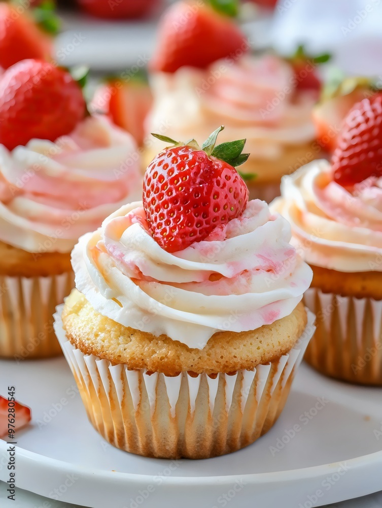 Closeup of Strawberry Cheesecake Cupcakes on a White Plate Closeup of Strawberry Cheesecake Cupcakes on a White Plate