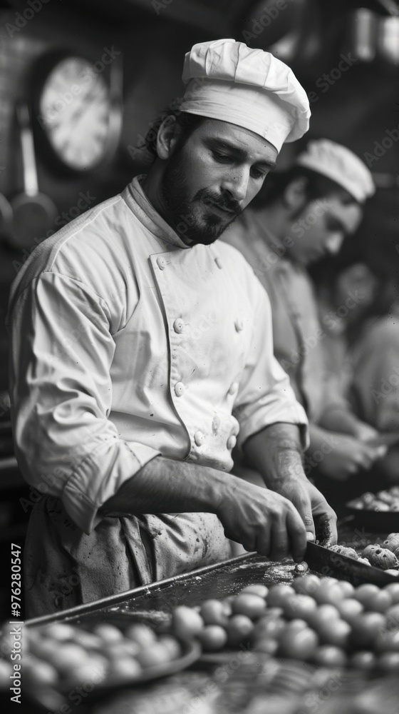 Chefs preparing food in a kitchen with a clock in the background, cooking class, food background Chefs preparing food in a kitchen with a clock in the background, cooking class, food background