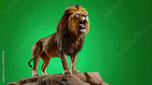 Powerful Lion Roaring on a Rock. Green screen 4K animation.