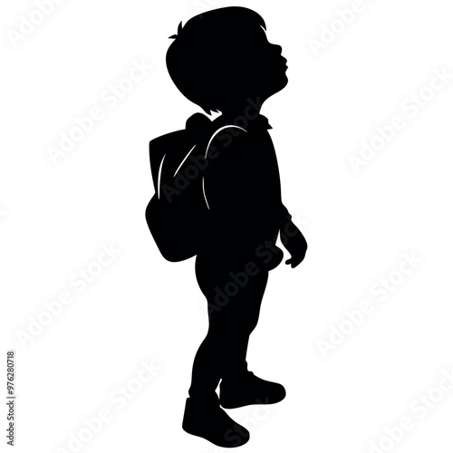 silhouette of a child with a backpack and a backpack Hyper-realism unfolds in the delicate strokes of Alphonse Mocha, intricately detailed and softly