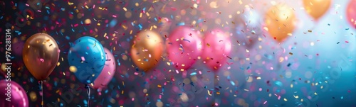 Balloons and confetti are flying in the air on a dark background, congratulation birthday banner , banner, copy space