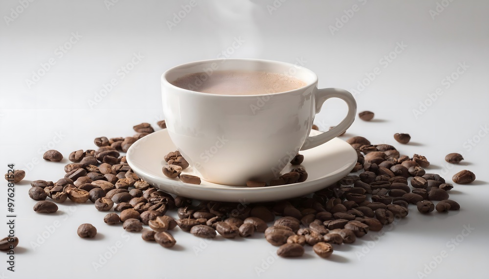 A cup of steaming hot coffee surrounded by coffee beans on a white background A cup of steaming hot coffee surrounded by coffee beans on a white background