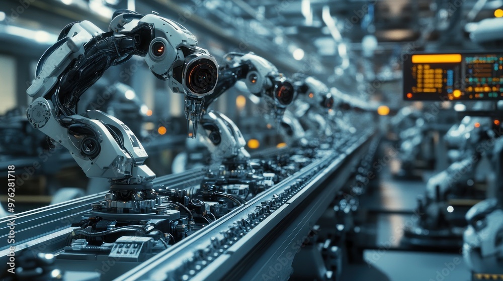Fototapeta premium many robots arms working on a conveyor belt
