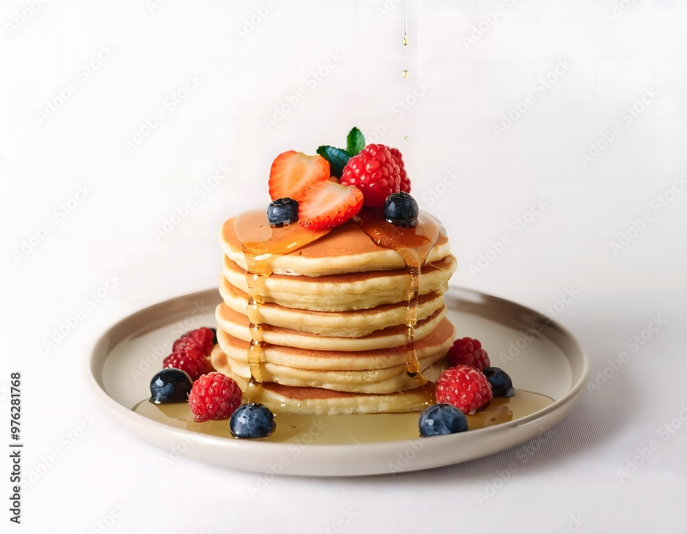 A delicious stack of pancakes with syrup and berries on a white background A delicious stack of pancakes with syrup and berries on a white background