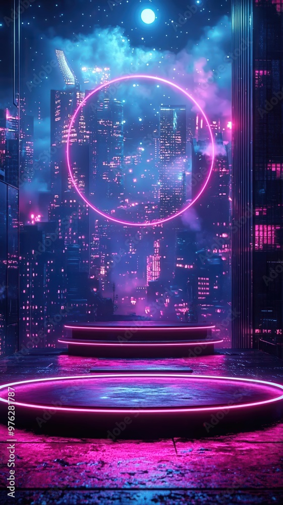 3d Mock up Glossy black podium with neon lights and futuristic cityscape Pedestal stage for tech product presentation Cyberpunk scene for advertising Sale promotion background 3d Mock up Glossy black podium with neon lights and futuristic cityscape Pedestal stage for tech product presentation Cyberpunk scene for advertising Sale promotion background