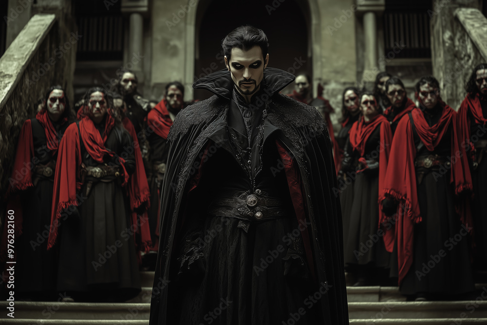 Naklejka premium A dark gathering of Dracula and his followers in a grand, eerie hall surrounded by shadows and mystery at twilight