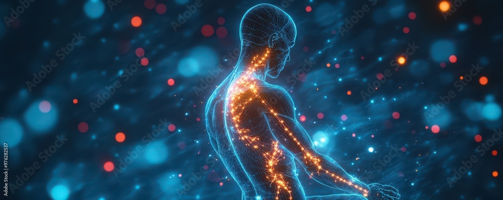 Futuristic X-ray illustration of human body with glowing neural network and digital connections Futuristic X-ray illustration of human body with glowing neural network and digital connections