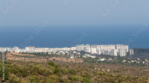 A view of the western neighborhoods of Atakent (aka Susanoğlu), a crowded summer resort on the Mediterranean coast during the summer season photo