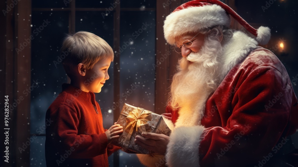 Fototapeta premium Magical Christmas background with Santa Claus and children. Winter fairytale style. Holiday celebration concept.