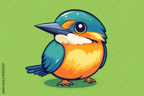 Colorful cartoon kingfisher bird illustration with vibrant feathers on a green background, showcasing a playful and artistic style