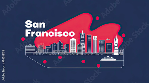 a modern-style graphic design of san francisco with a red, white, and blue color scheme. the design features of downtown san francisco skyline. photo