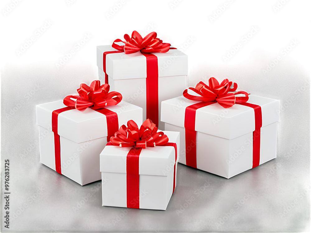 Obraz premium White_gift_boxes_with_red_bows,_isolated_for_festive_celebrations_and_holiday_gift-giving.