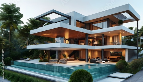 Innovative businessman presents digital hologram of a luxury house, highlighting upscale real estate opportunities photo