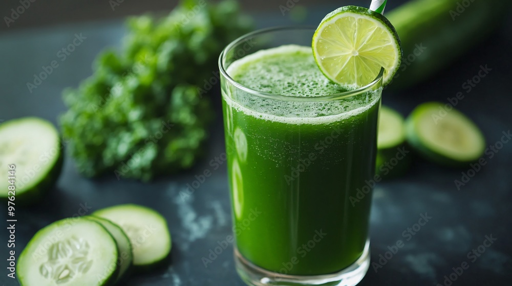 Green smoothie in a glass with cucumber, lime and parsley. Green smoothie in a glass with cucumber, lime and parsley.