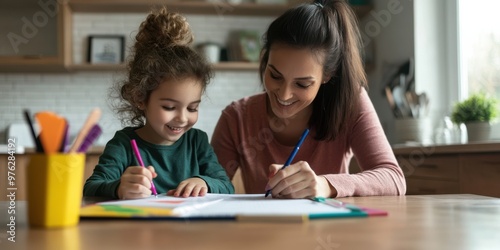 A mother and daughter are sitting at a table, drawing together with colored pencils. This image portrays the beautiful bond and quality time shared between them.