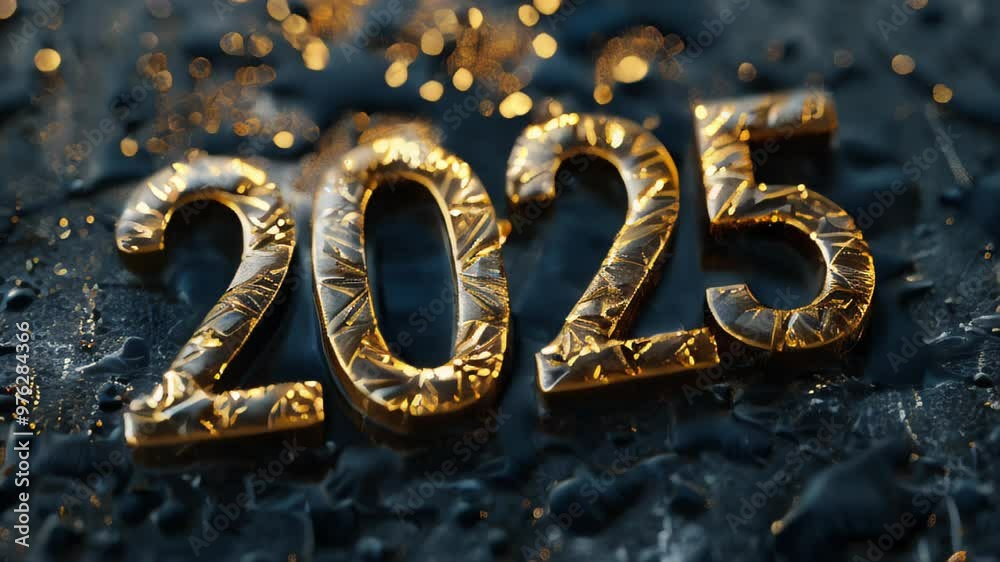 golden glittering 2025 text on dark festive background, greeting card, christmas and new year celebration, holiday season, sparkling light. golden glittering 2025 text on dark festive background, greeting card, christmas and new year celebration, holiday season, sparkling light.