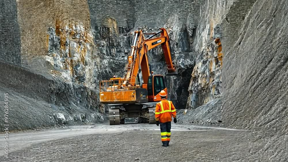 Construction engineer inspecting excavator work in open pit mine Construction engineer inspecting excavator work in open pit mine