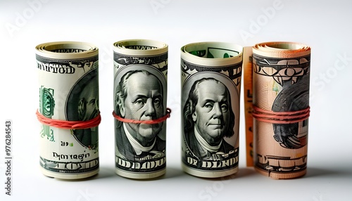 Creative display of rolled dollar bills arranged vertically on a pristine white background photo