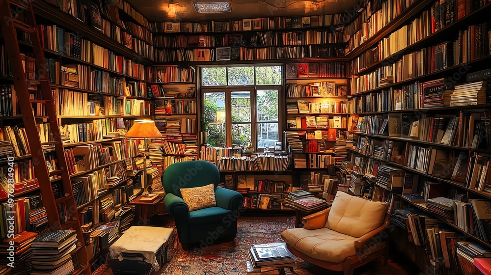 A cozy library with bookshelves lining the walls and a window overlooking a tree-lined street. A cozy library with bookshelves lining the walls and a window overlooking a tree-lined street.