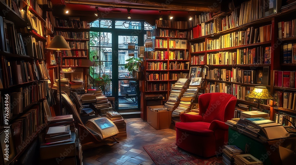 A cozy bookstore with tall bookshelves, stacks of books, and a comfy red armchair. A cozy bookstore with tall bookshelves, stacks of books, and a comfy red armchair.